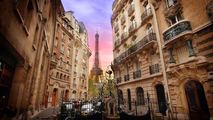Art nouveax buildings and Eiffel Tower in Paris