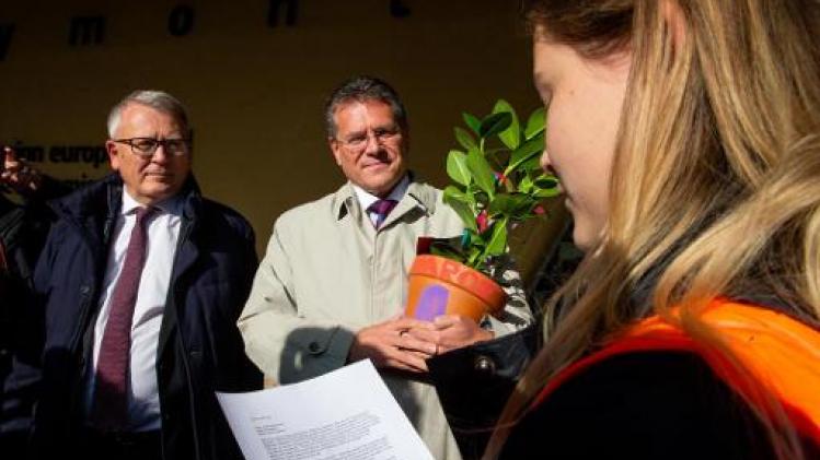 Klimaatactivisten delen planten uit aan toekomstige Eurocommissarissen