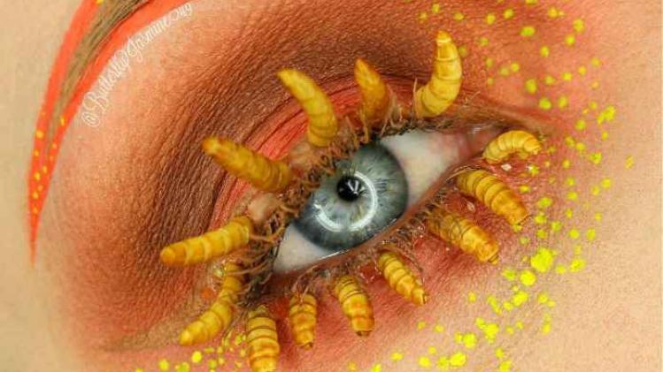 Make-upartiest versiert haar ogen met dode insecten