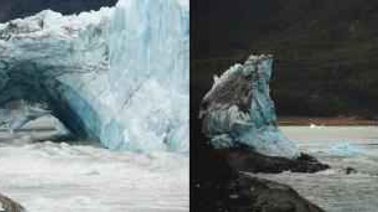 IJsboog van gletsjer Perito Moreno breekt af uit het zicht van toeristen