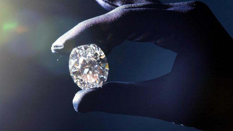 A flawless, oval-shaped diamond of 63.93 carats is shown at Christie's
