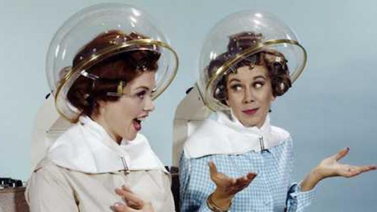 1960s 2 Women Sit Under Beauty Salon Hair Dryers Clear Helmets Hoods Curlers Talking Gossip