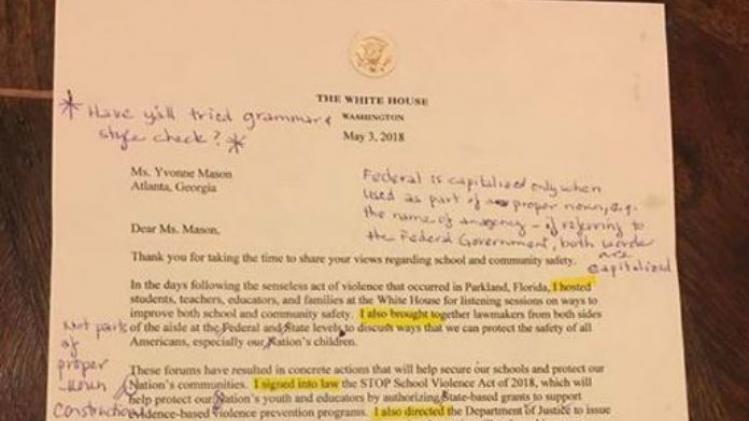 Leerkracht verbetert Trump's brief vol fouten en stuurt hem terug naar het Witte Huis